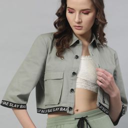 STREET 9 Women Green Solid Lightweight Tailored Crop Jacket-image-40