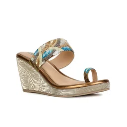 Bata Gold-Toned & Blue Embellished Wedge Heels-54