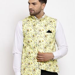 KLOTTHE Men Yellow & Blue Printed Nehru Jacket-38