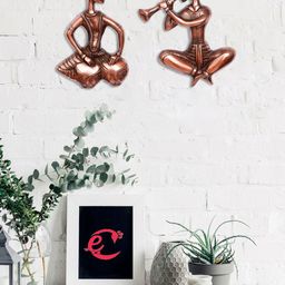 eCraftIndia Set Of 2 Brown Musicians Metal Handcrafted Wall Hanging Showpieces-picture-28