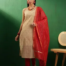 Sangria Boat Neck Chanderi Kurta, Trousers & Duppata Set-image-8