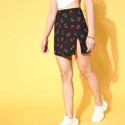Berrylush Women Black & Red Cherry Print Front Slit Mini Skirt-image-64