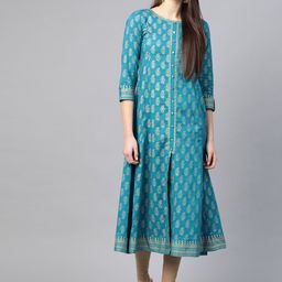 YASH GALLERY Women Blue & Golden Printed Cotton A-Line Kurta-picture-55