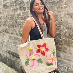 ASTRID Beige & Red Floral Printed Cotton Jute Tote Bag-4