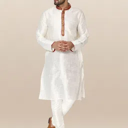 Enciger Men Off White Dupion Silk Kurta with Churidar-image-85