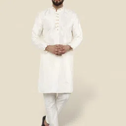 Enciger Men Off White Dupion Silk Kurta with Churidar-picture-26