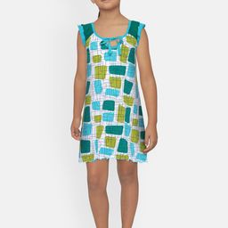 SINI MINI Girls White & Turquoise Blue Printed Nightdress-image-57