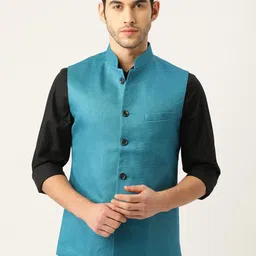 Vastraa Fusion Men Teal Blue Woven Design Nehru Jacket-24