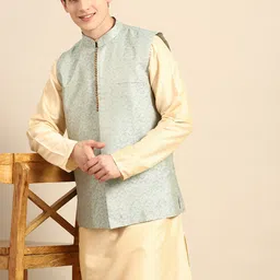 Anouk Men Cream-Coloured  Solid Straight Sustainable Kurta Pyjamas & Woven Nehru Jacket-image-27