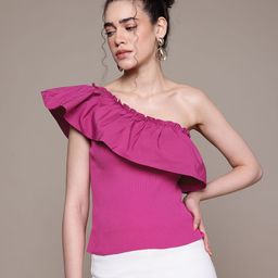 MANGO One Shoulder Ruffle Detail Fitted Top-image-95