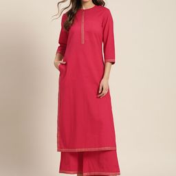 Sangria Women Pink Solid Straight Kurta with Palazzos-picture-18