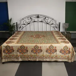 Exotic India Cream-Coloured & Orange Ethnic Motifs Cotton 300 TC Queen Bed Covers-image-3