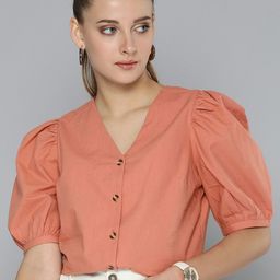 Chemistry Peach-Coloured Pure Cotton Puff Sleeve Top-image-3