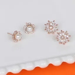 AMI Rose Gold & White Set of 2 Contemporary Stud Earrings-16