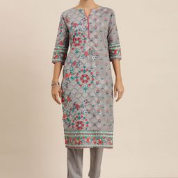 Vishudh Women Grey Printed Cotton Kurta with Trousers-picture-17