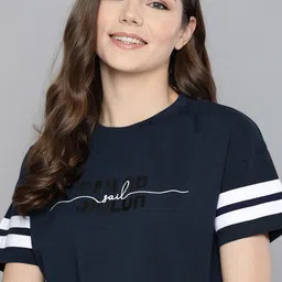 Mast  Harbour Women Navy Pure Cotton Relaxed Fit Printed Round Neck Pure Cotton T-shirt-image-82