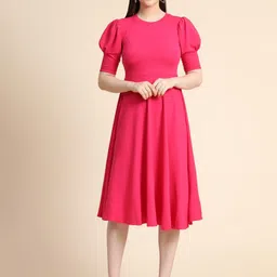 TOOCHKI Round Neck Puff Sleeves Fit & Flare Midi Dress-image-48