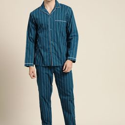 Hancock Men Teal Blue Pure Cotton Striped Pyjama Set-image-15