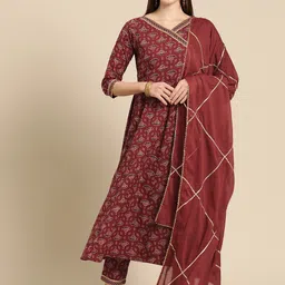 anayna Women Floral Printed Angrakha Gotta Patti Pure Cotton Kurta with Trousers & With Dupatta-image-59
