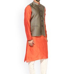 KISAH Men Orange & Cream-Coloured Self-Design Churidar Kurta with Nehru Jacket image 3