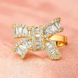 Rubans 18K Gold Plated Baguette Cut Cubic Zirconia Bow Design Adjustable Statement Ring image 2