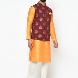 KISAH Men Red & Orange Solid Kurta with Churidar & Nehru Jacket image 4