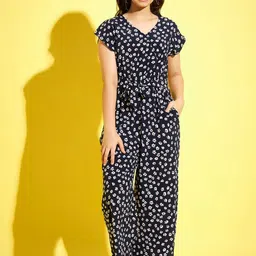 StyleStone Girls Navy Blue Floral Printed V-Neck Basic Jumpsuit-55