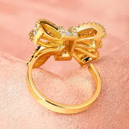Rubans 18K Gold Plated Baguette Cut Cubic Zirconia Bow Design Adjustable Statement Ring image 3