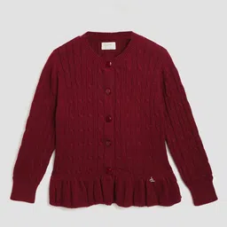 Cherry Crumble Girls Maroon Cable Knit Cardigan-image-98