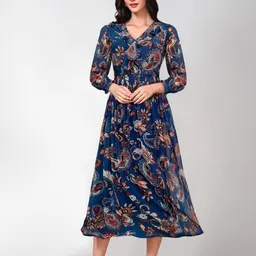 KALINI Floral Printed Smocked & Gathered Georgette Fit & Flare Midi Dress-picture-12