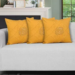 Ode & Cleo Mustard-Yellow Embellished Square Cushion Cover-30
