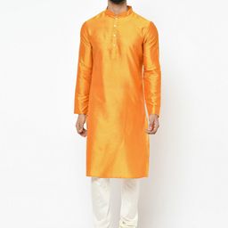 KISAH Men Red & Orange Solid Kurta with Churidar & Nehru Jacket image 2