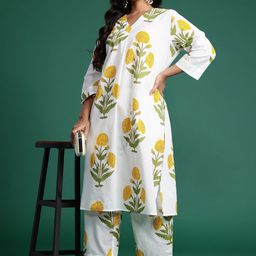 Indo Era Plus Size Floral Printed Pleated Pure Cotton Kurta with Trousers-26