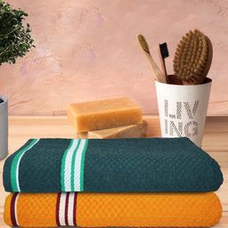 Athom Trendz Living Green & Orange Coloured 2 Pcs Textured 300 GSM Pure Cotton Bath Towels-16