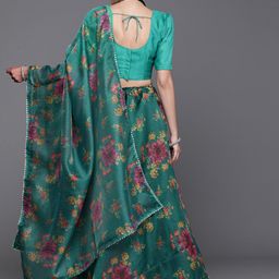 Mitera Teal & Pink Embroidered Mirror Work Block Print Unstitched Lehenga & Blouse With Dupatta image 4