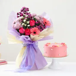 Pink Delight Cake And Elegant Floral Bouquet Combo-image-4