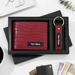 Genuine Leather Personalized Red Wallet And Keychain Combo-32
