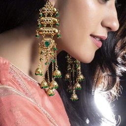 Rubans 18K Mehndi Gold-Plated Emerald Studded Shoulder Duster Jhumka Earrings-image-69