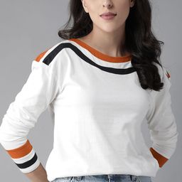 Roadster Women White Relaxed Fit Cotton T-shirt With Striped Detail-image-25