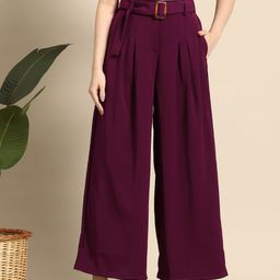Mast & Harbour Women High-Rise Pleated Cotton Trousers with Belt-image-85