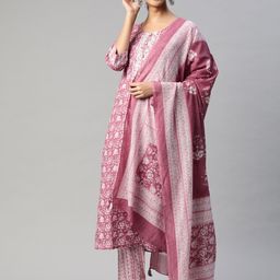 Readiprint Fashions Women Mauve Floral Printed Thread Work Pure Cotton Kurta with Palazzos & With Dupatta-picture-25