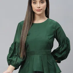 Cottinfab Green Bishop Sleeves Peplum Top image 1