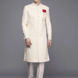 Manyavar Men Cream-Coloured Chikankari Sherwani Set-image-3