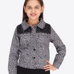 CUTECUMBER Girls Grey & Black Animal Printed Denim Jacket-image-42