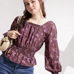 encore by INVICTUS Floral Printed Gathers A-Line Top-image-2