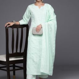 Libas Women Floral Embroidered Thread Work Chanderi Silk Kurta with Trousers & Dupatta-image-91