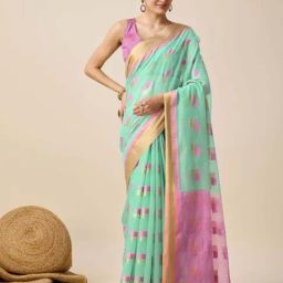 Satrani Mint Green & Pink Cotton Silk Woven Saree With Unstitched Blouse-picture-37