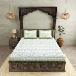 JaipurFabric Green Cotton 254 TC Urban Tribals Super King Size Bedsheet with 2 Pillow Covers-image-12