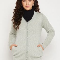 MADAME Mint Green Self Pattern Cardigan-image-10