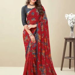 Satrani Maroon Floral Print Saree With Unstitched Blouse-image-51